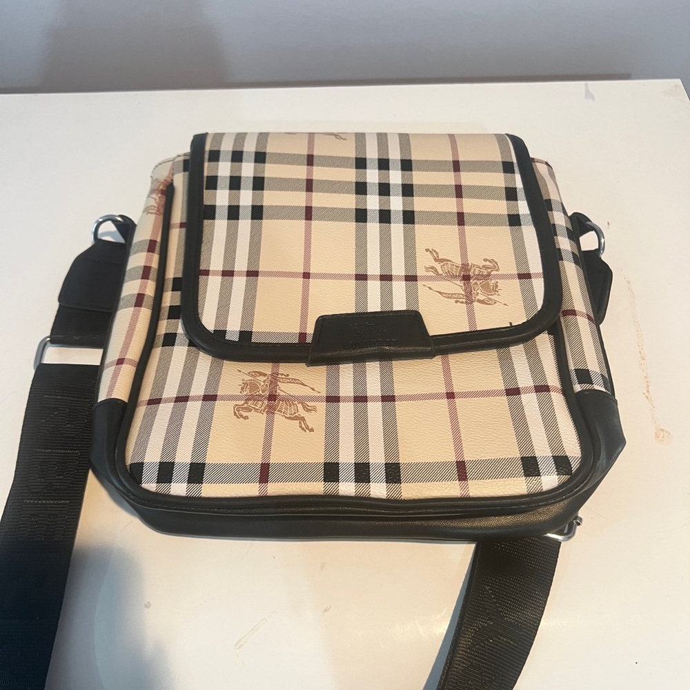 Cream and Black Messenger Bag with Classic Check Pattern